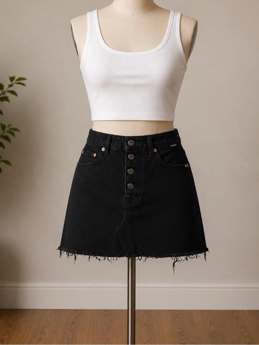 Cello Black Frayed-Hem Button Front Mini Skirt